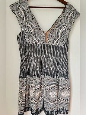 BCBGMAXAZRIA Lace Fit Flare Dress Black Cream Sleeveless Size 10  Wedding Guest